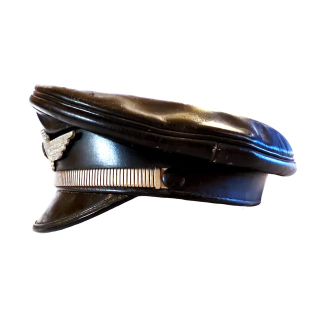 Bauhaus 1930's German Panzer Division Motorcycle Officer's Black Leather Visor by Muir Cap & Regalia, Luftwaffe Insignia Wreath & Cockade & Snake Chain Strap For Sale - Image 3 of 13