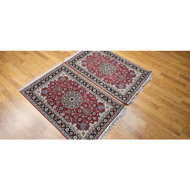 Vintage Persian Tabriz Area Rug, Hand-Knotted Wool & Silk, Floral Pattern, Pomegranate-Red & Navy, 3x5 For Sale - Image 11 of 18