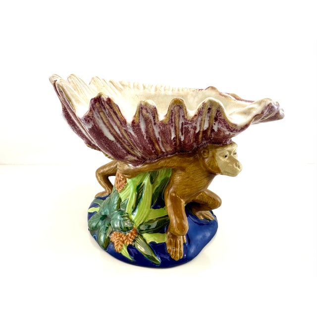 1960s Vintage Italian Majolica Style Monkey Hand Painted Sculpture Centerpiece For Sale - Image 4 of 12