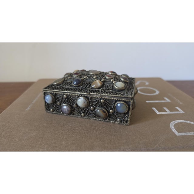 Antique Folk Art Silverplate Jewelry Box With Agate Cabochons, Vintage Trinket Box, Ornate Filigree Keepsake, Boho Global Decor For Sale - Image 6 of 10