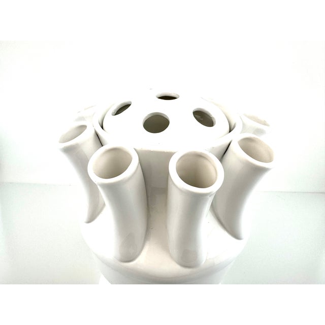 Farmhouse Vintage White Ceramic Tulipiere Style Flower Frog Vase With Pedestal Base For Sale - Image 3 of 11