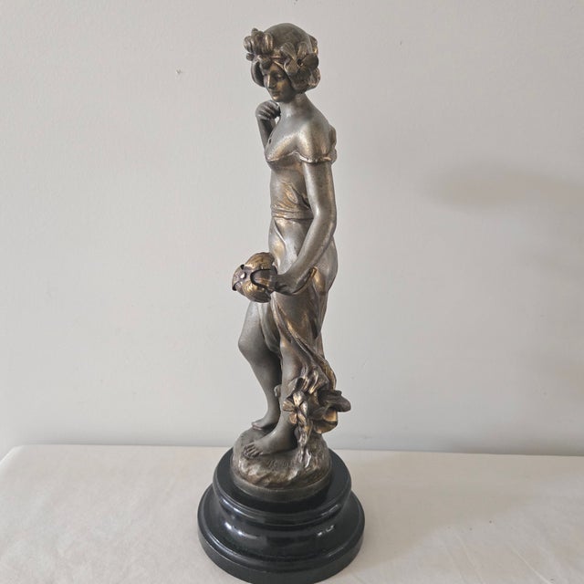 Antique Julian Causse (French, 1869-1914) Pervenche Spelter Sculpture Signed J Causse and stamped FRANCE Approximate...