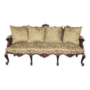 Spectacular Carved Mahogany Cane and Damask Upholstered English Georgian Sofa