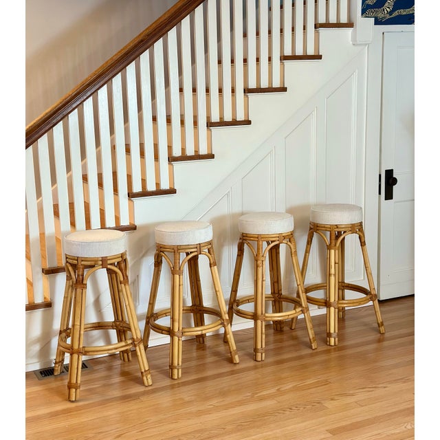 Calif-asia 1970s Calif-Asia Natural Honey Rattan Round Barstools - Set of 4 For Sale - Image 4 of 10