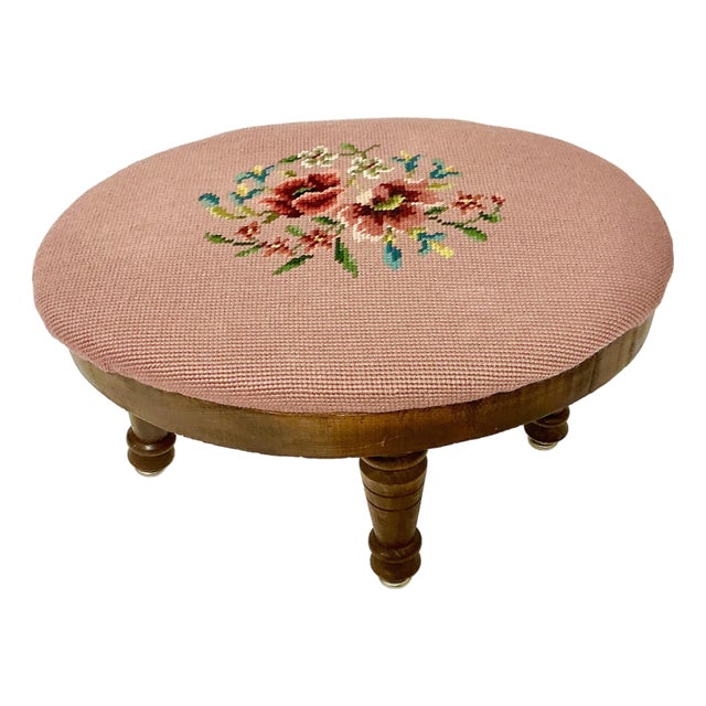 Mid-Century Boho Chic Folk Art Traditional Needlepoint Oval Footstool. For Sale