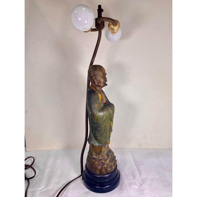 Asian Vintage 1940s Monk Figurine Lamp With String Shade For Sale - Image 3 of 11
