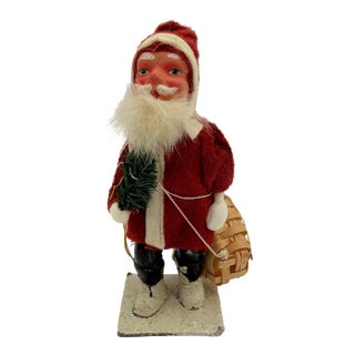 Vintage 1950s German Santa Claus Figure With Clay Face, Woven Basket - Erzgebirge Style For Sale