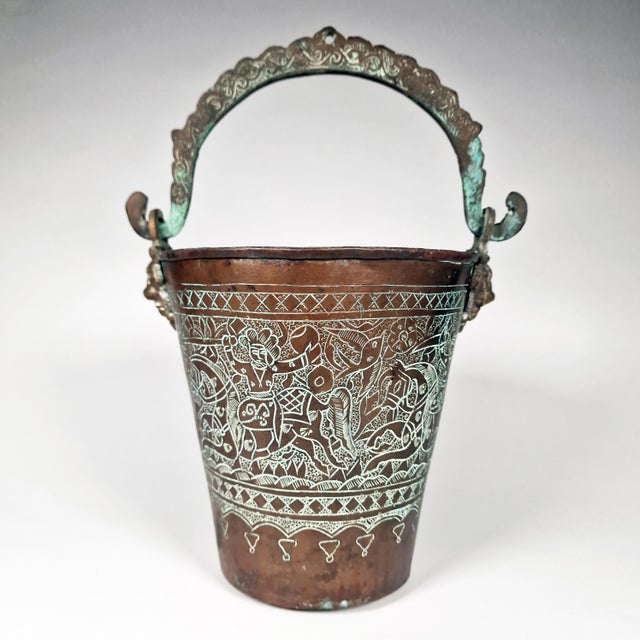Indian Antique Copper Bucket Lion Mounts Indian Kashmir Mughal Warrior Horses Verdigris For Sale - Image 3 of 9