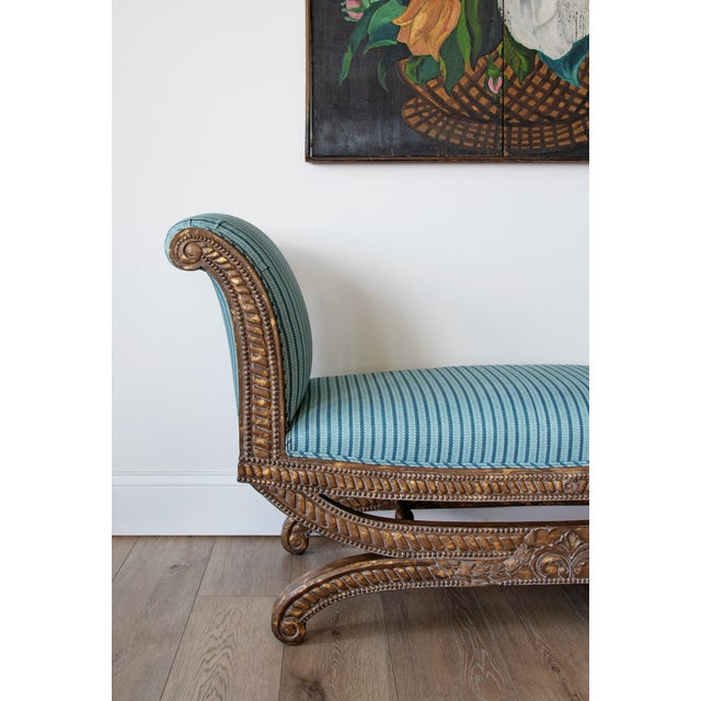Antique French Curule Style Bench – Carved Wood Frame in Schuyler Samperton Fabric For Sale - Image 4 of 4