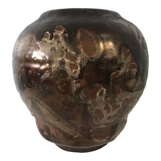 Vintage Raku Earthenware Pot in Rich Brown Clay and Metallic Drip Glaze For Sale