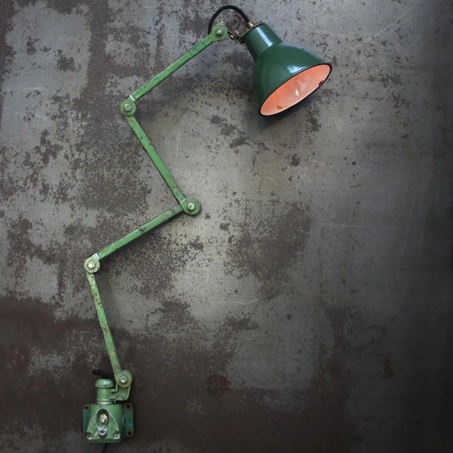 1950s green enamel, cast iron industrial 4 arm machinist work light by dugdills, uk adjustable in height and angle...