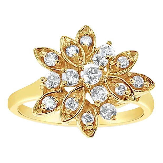 Diamond Leaf Cluster Ring 14k Yellow Gold, Size 5 For Sale