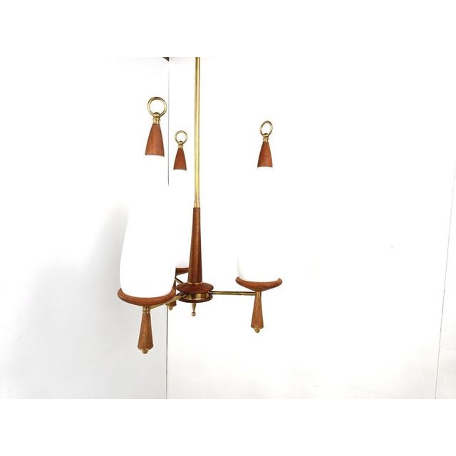 Vintage Teak Chandelier with White Glass Shades, 1960s For Sale - Image 6 of 10