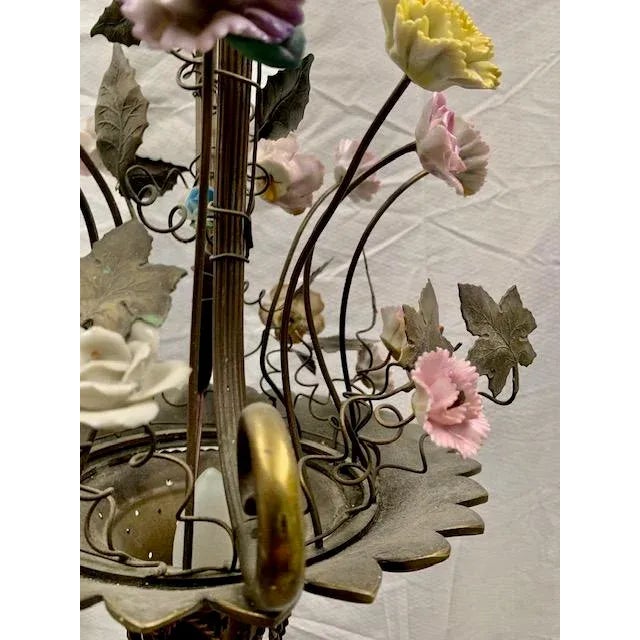 Metal Small French Cast Brass Basket Light With Original Porcelain Flowers. For Sale - Image 7 of 13