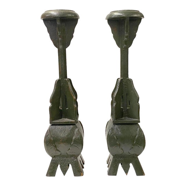 Pair Handmade Wood Green Square Base Round Candle Holders Display For Sale