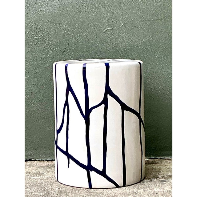 Vintage Boho Glazed Ceramic Low Stool For Sale - Image 11 of 12