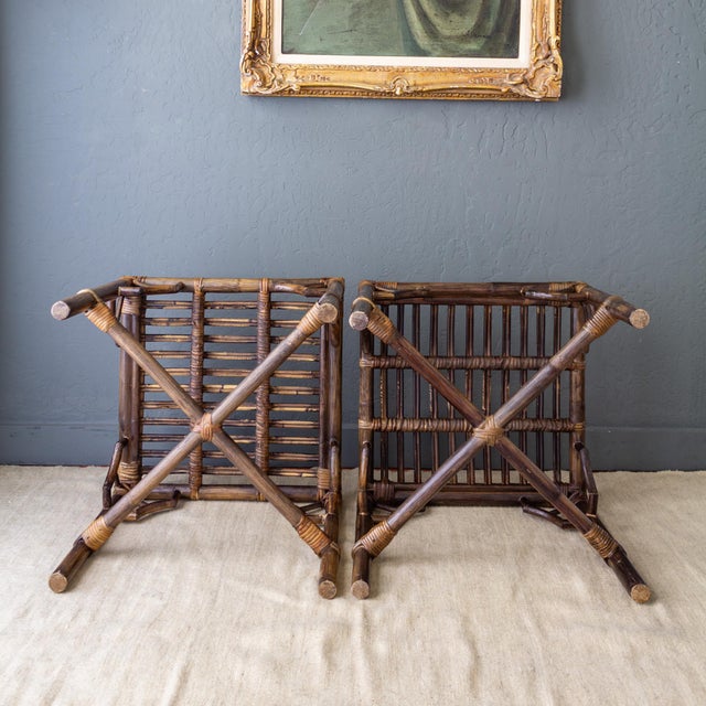 Pair of McGuire Style Chinoiserie Bamboo Stools or Ottomans With Tufted Cushions. For Sale - Image 12 of 18