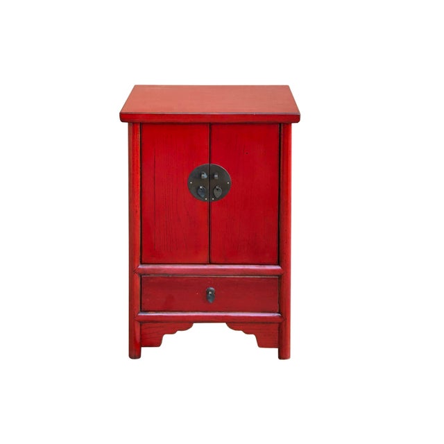 Asian Oriental Distressed Red Medallion Hardware End Table Nightstand For Sale - Image 3 of 10