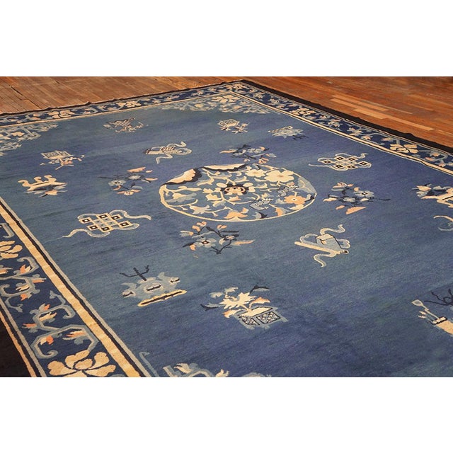 Extraordinary Blue Color With Delicate Flower Design Antique Chinese Peking Rug For Sale - Image 4 of 5