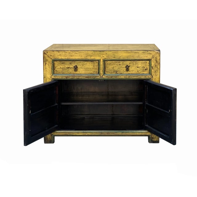 Chinese Distressed Yellow Graphic Sideboard Console Credenza Cabinet For Sale - Image 4 of 8
