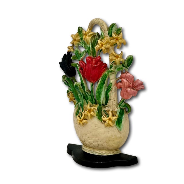 Hubley Manufacturing Company Hard to Find 1930s Hubley MFG Co. Tulips & Hyacinths Flower Basket Cast Iron Doorstop in Pristine Cond. For Sale - Image 4 of 18