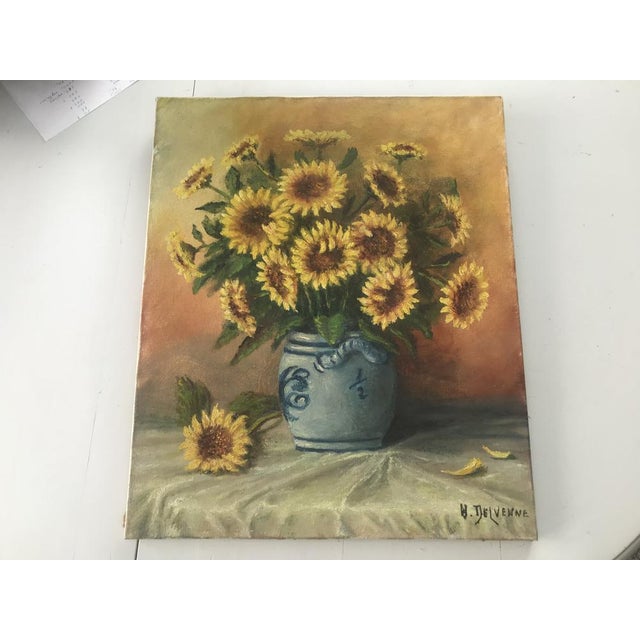 Sunflowers in a Ceramic Vase, Oil Painting on Canvas For Sale - Image 17 of 17