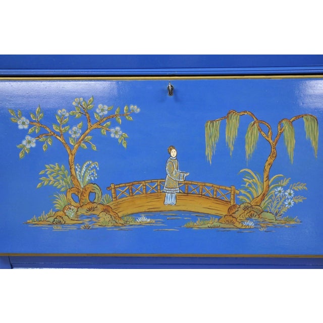 Vintage Chinoiserie Blue Hand Painted Gold Gilt Narrow Bookcase Secretary Desk For Sale In Philadelphia - Image 6 of 18
