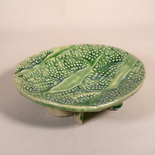 Late 20th Century Signed Wabi Sabi Studio Pottery Sculptural Green Abstract Pattern Textured Pedestal Bowl For Sale - Image 13 of 16
