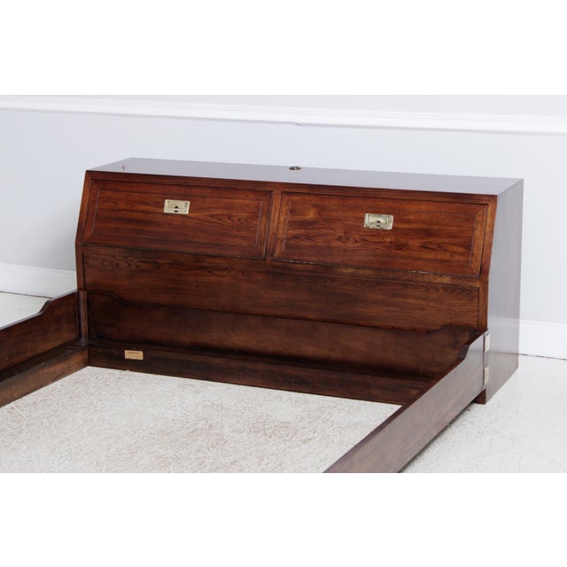 Henredon Henredon Scene 1 Campaign Style Oak Queen Size Bed For Sale - Image 4 of 18
