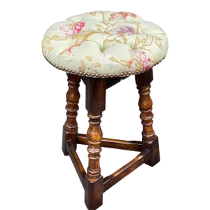 19th Century Style Rustic English Oak Round Stool with Tufted Lampas Seat