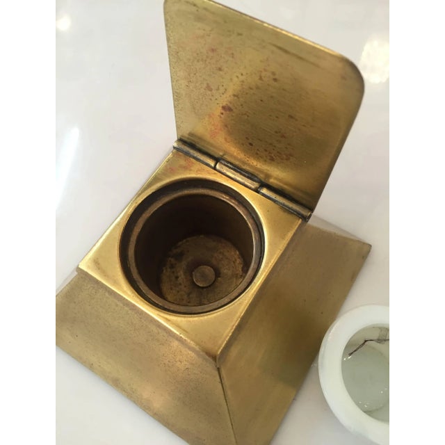 1920s 1930s Egyptian Revival Brass Pyramid Inkwell With Milk Glass Holder For Sale - Image 5 of 6