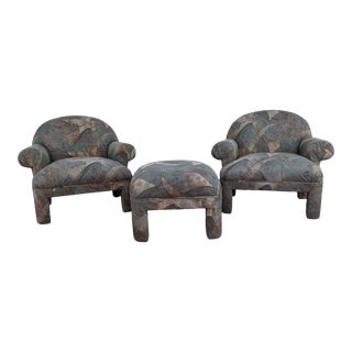 Over Stuffed Chairs and Hassock - 3 Pieces For Sale