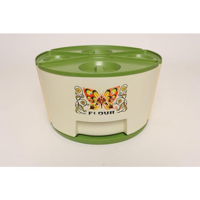 Mid-Century Modern Vintage Sterilite Four Piece Canister Set With Lazy Susan Base in Cream and Green Plastic With Butterfly Motif For Sale - Image 3 of 17