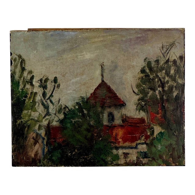 Early 20th Century Charming Salvaged Oil/Board Painting of European Village Countryside Scene With Rich Colors For Sale