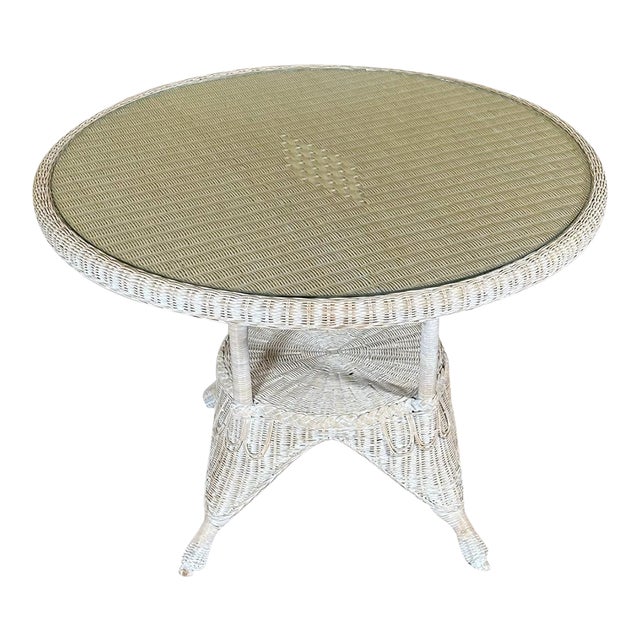 Vintage Coastal White Wicker Round Dining Table With Inset Glass Top For Sale