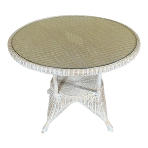 Vintage Coastal White Wicker Round Dining Table With Inset Glass Top