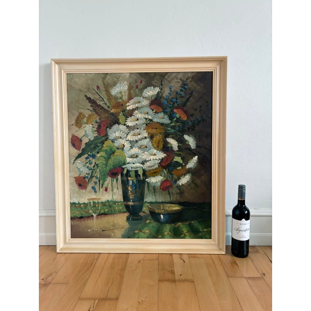 Rustic European Vintage Original Floral Oil Painting With Wildflowers in Blue Vase For Sale - Image 3 of 14