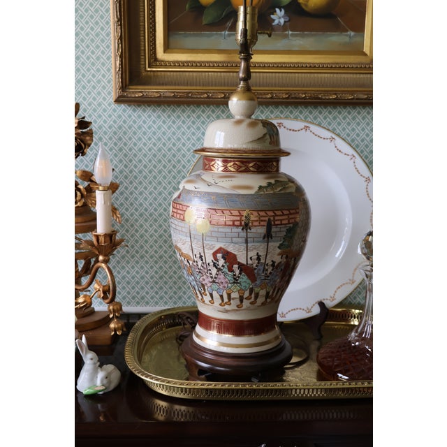 Antique Meiji Japanese Satsuma Procession Jar Lamp by Jukō For Sale - Image 10 of 18