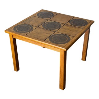 Solid Oak Square Coffee Table With Inlaid Ceramic Tiles Vintage Mid-Century Modern 1970s For Sale