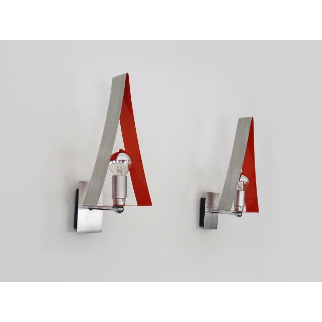 Triangular Wall Sconces in Chrome and Orange Metal, 1970s, Set of 2 For Sale - Image 9 of 9