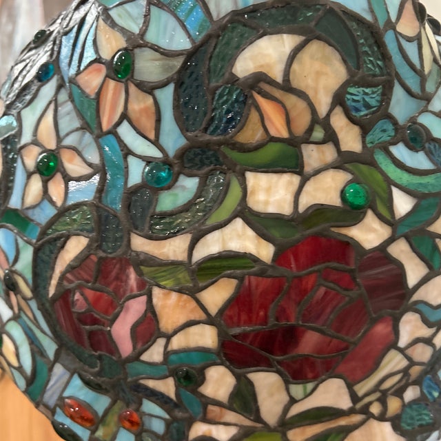 Vintage Art Nouveau Handcrafted Meyda Tiffany Style Rose Stained Glass Table Lamp For Sale - Image 11 of 12