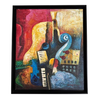 Late 20th Century Modernist Cubist Musical Expressionist Textured Acrylic Painting, Signed For Sale