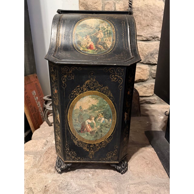 Antique French Tole Painted Coal Scuttle With Pastoral Scenes & Gilt Details For Sale - Image 11 of 12
