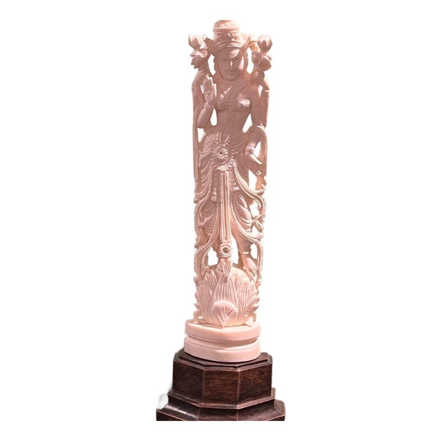 Early 20th Century Hand Carved Goddess Figurine 9.5" Standing on Lotus Base For Sale