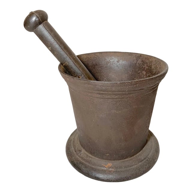 Huge Rare Antique Early 19th Century Handmade Solid Cast Iron Mortar and Pestle For Sale
