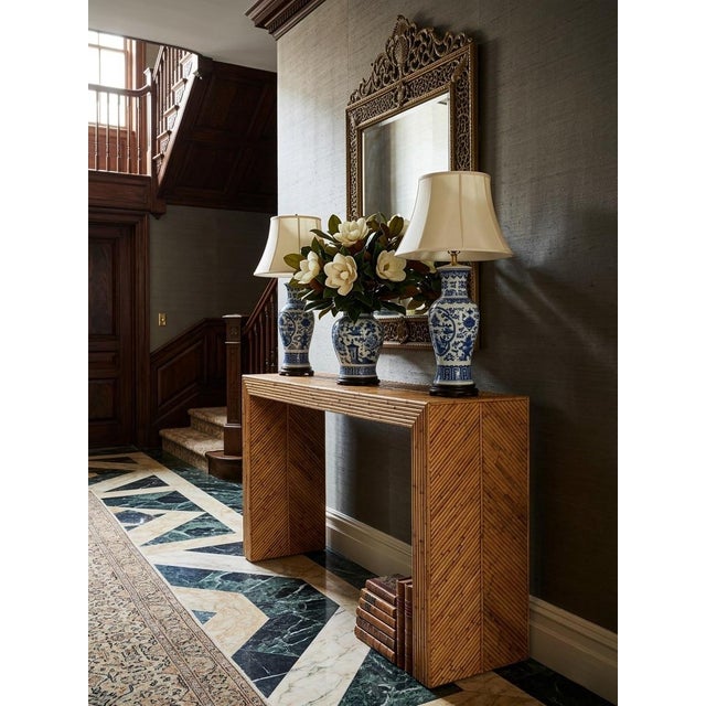 Vintage Pencil Rattan Chevron Waterfall Console Table For Sale - Image 9 of 11