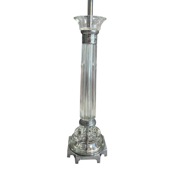 Marbro Crystal Columnar Lamp with chrome accents. The column is built in 3 sections: molded base on polished chrome...