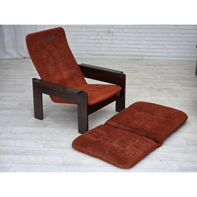 Danish Armchair in Orange-Red Velour and Dark Oak Wood, 1970s For Sale - Image 9 of 17