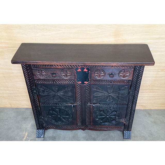 20th Spanish Baroque Carved Walnut Tuscan Two Drawers Credenza or Buffet For Sale - Image 4 of 10