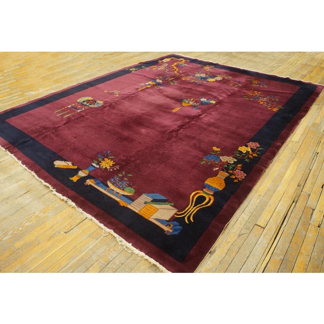 Art Deco 1920s Red Wine Classic Floral Vase Antique Chinese Art Deco Carpet 9'2" X 11'10" Knotted Pile Wool Rug For Sale - Image 3 of 13